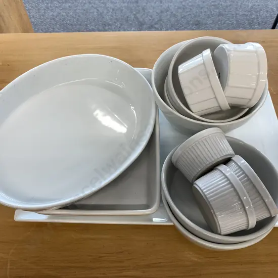 Large Assortment of White Platters, Baking Dishes, Bowls Etc