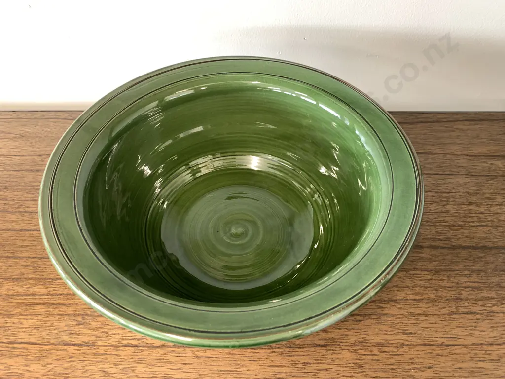 Large Green Tony Sly Style Glazed Pottery Bowl, 29cm Image 1++