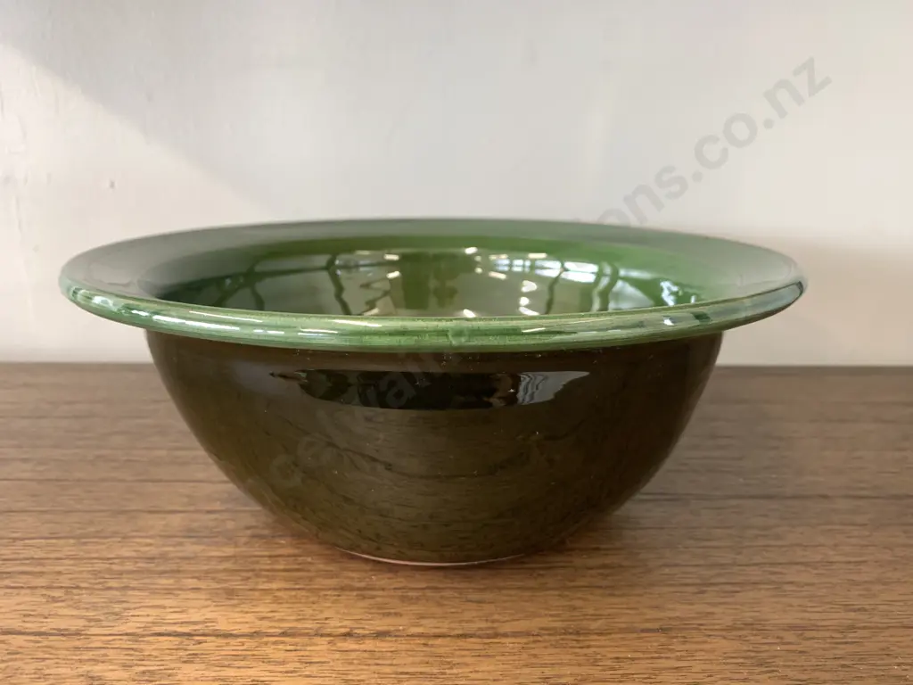 Large Green Tony Sly Style Glazed Pottery Bowl, 29cm Image 1++