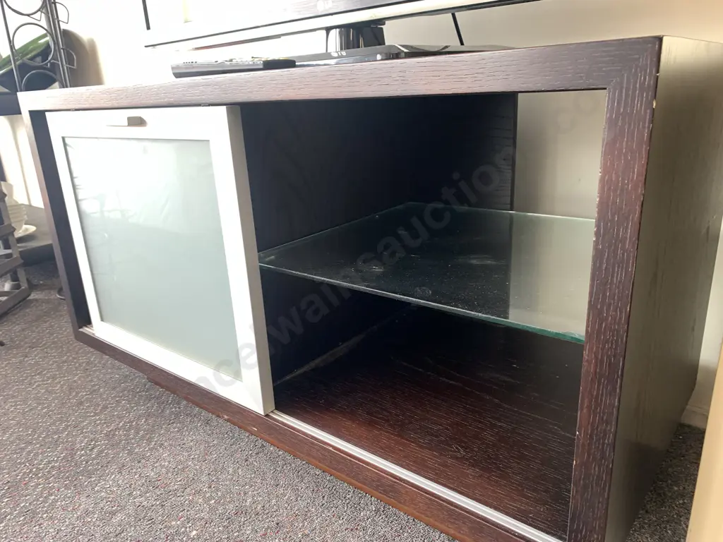 Dark Brown Oak Effect Entertainment Stand, Sliding Frosted Glass Door, 2 Drawers, H57 W100 D46cm Image 1++