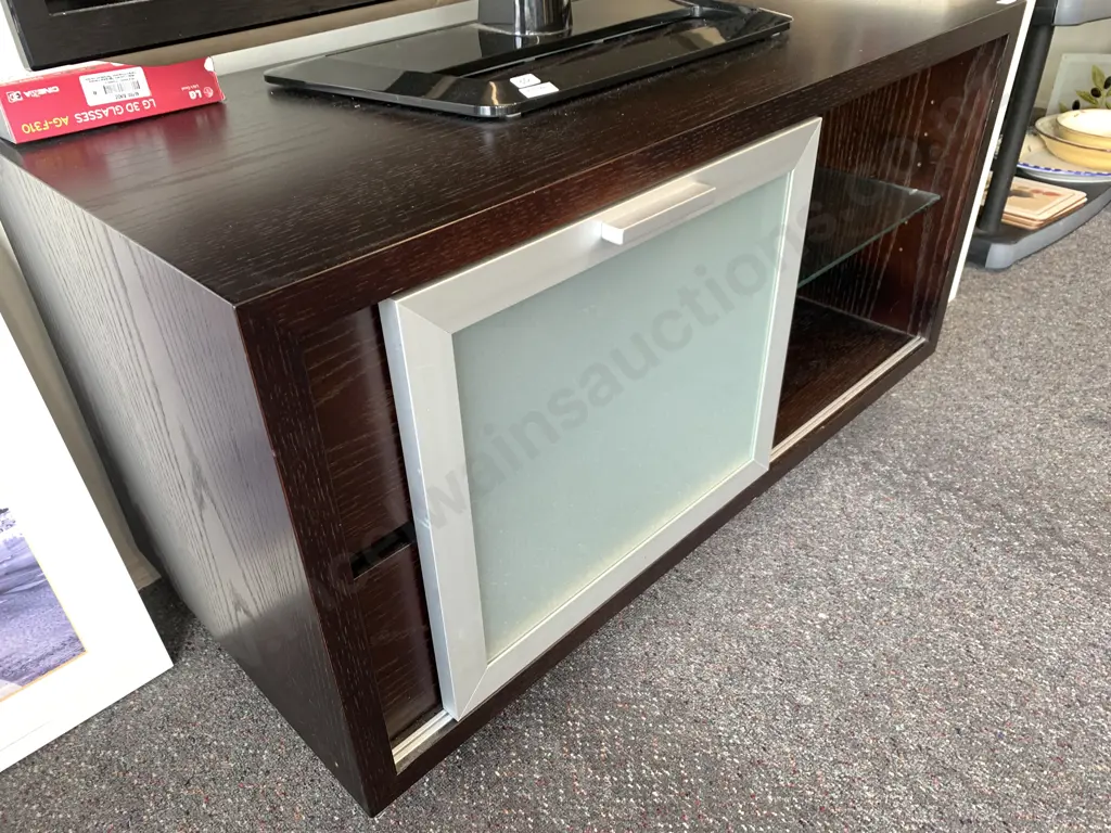 Dark Brown Oak Effect Entertainment Stand, Sliding Frosted Glass Door, 2 Drawers, H57 W100 D46cm Image 1++