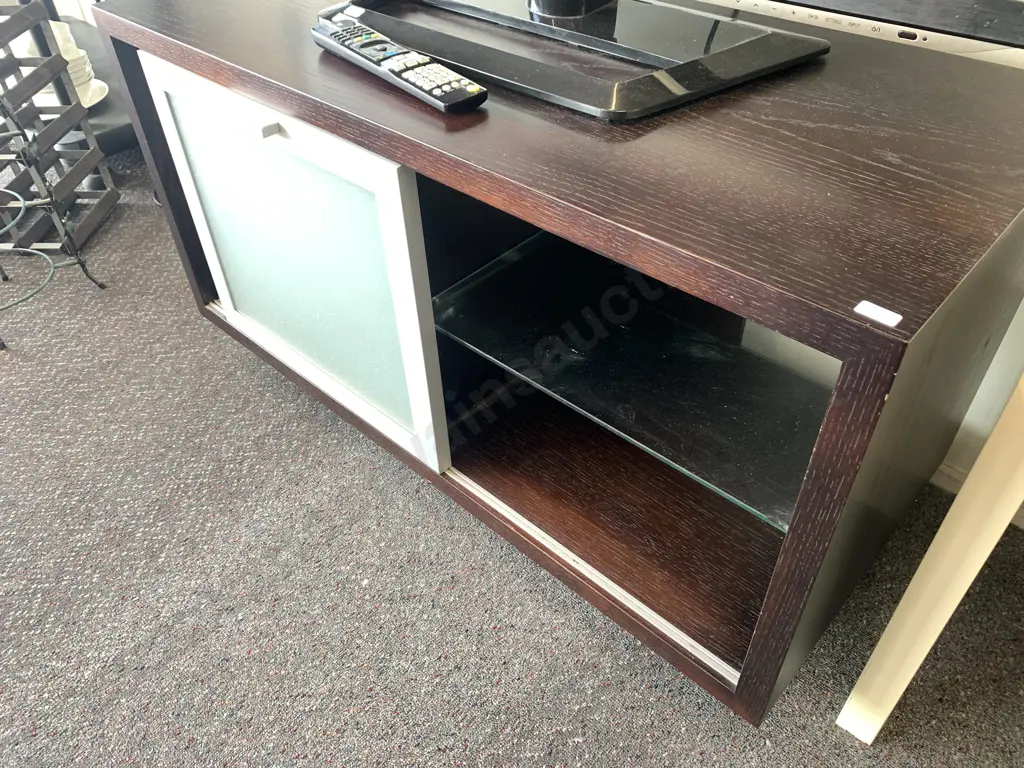 Dark Brown Oak Effect Entertainment Stand, Sliding Frosted Glass Door, 2 Drawers, H57 W100 D46cm Image 1++