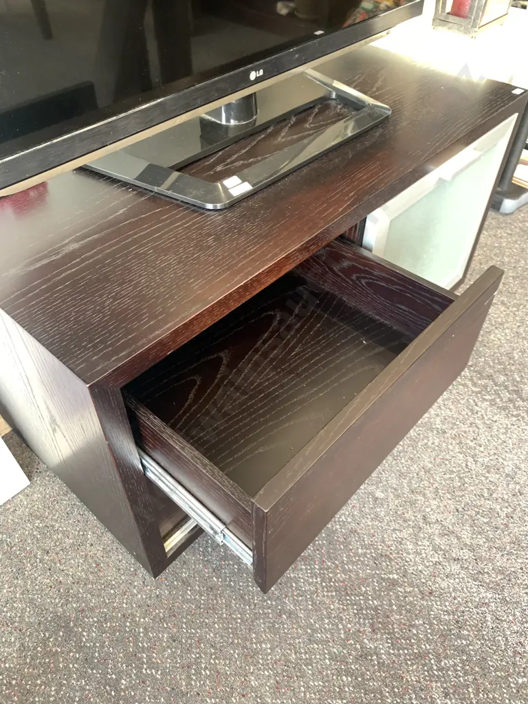 Dark Brown Oak Effect Entertainment Stand, Sliding Frosted Glass Door, 2 Drawers, H57 W100 D46cm Image 1++