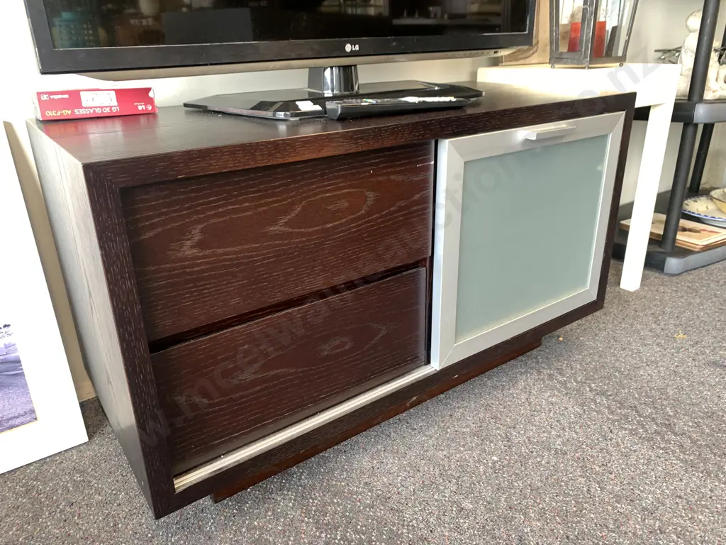 Dark Brown Oak Effect Entertainment Stand, Sliding Frosted Glass Door, 2 Drawers, H57 W100 D46cm Image 1++