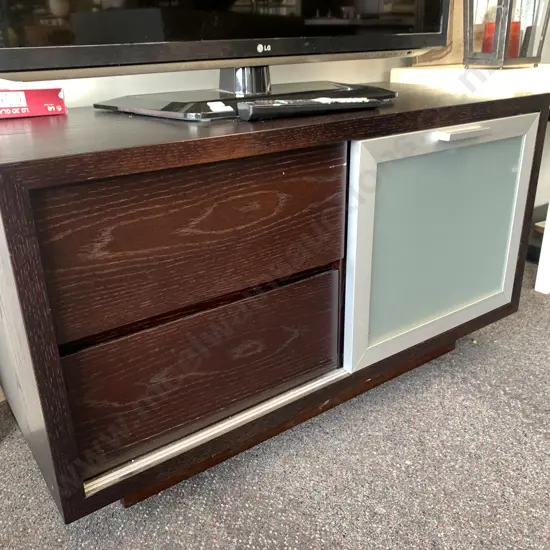 Dark Brown Oak Effect Entertainment Stand, Sliding Frosted Glass Door, 2 Drawers, H57 W100 D46cm