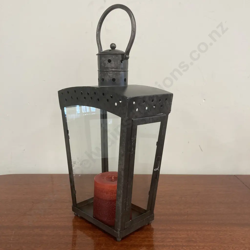 Tin & Glass Lantern With Candle, Opening Door, H37.5 W21 D13cm Image 1++