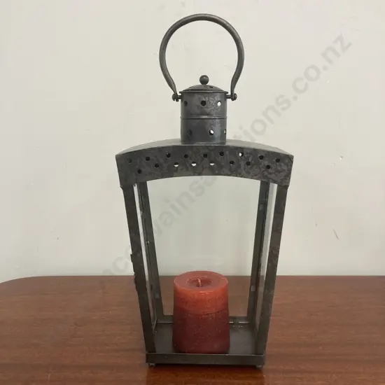 Tin & Glass Lantern With Candle, Opening Door, H37.5 W21 D13cm