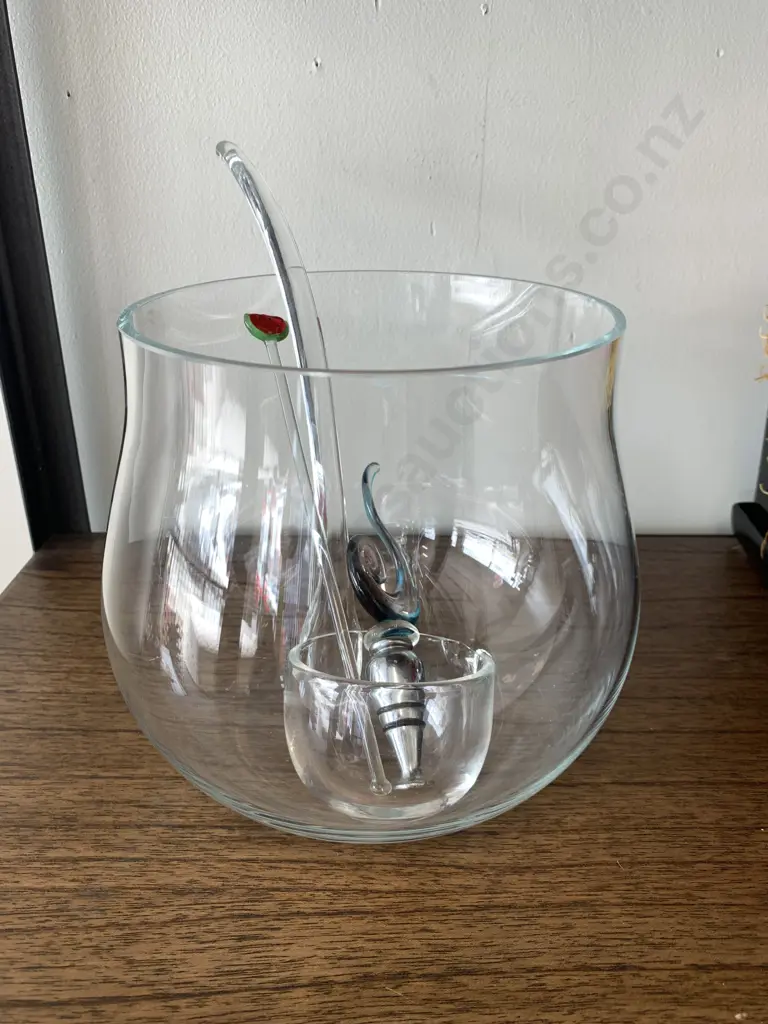 Glass Punch Bowl With Ladle & Stirrer (af to Rim) & Bottle Stop With Blown Glass Handle Image 1++