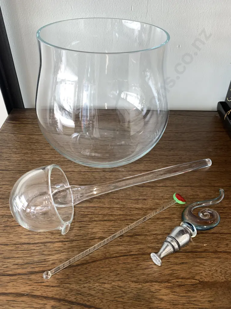 Glass Punch Bowl With Ladle & Stirrer (af to Rim) & Bottle Stop With Blown Glass Handle Image 1++