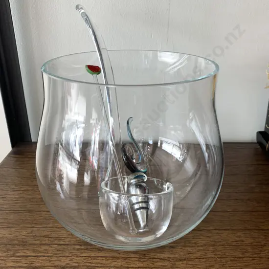 Glass Punch Bowl With Ladle & Stirrer (af to Rim) & Bottle Stop With Blown Glass Handle