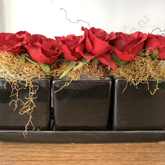 Faux Red Roses, 4 Roses Per Pot, 3 Pots in Ceramic Tray, H20cm