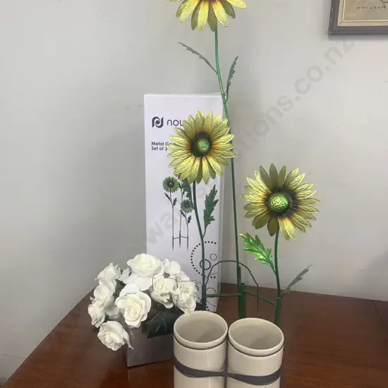 Nouveau Sunflower Garden Ornament, Faux Flowers & Stone Bottle Holders
