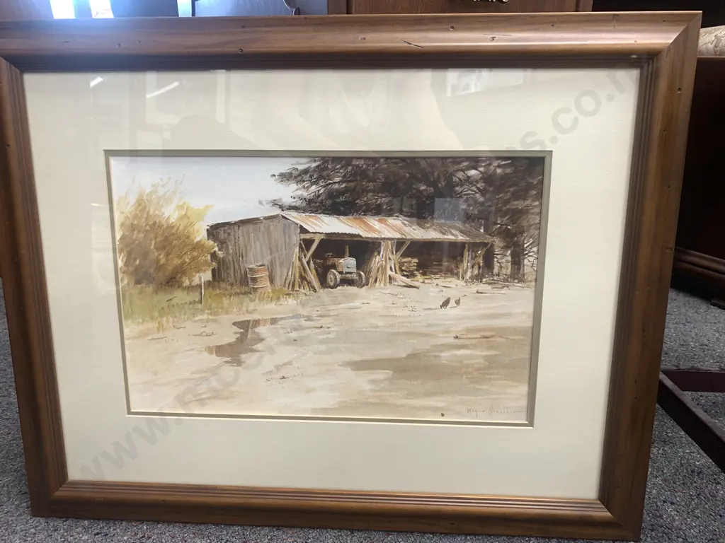 Framed Original Artwork Titled Waikato Farm Shed by Wayne Sinclair, 49 x 62cm Image 1++