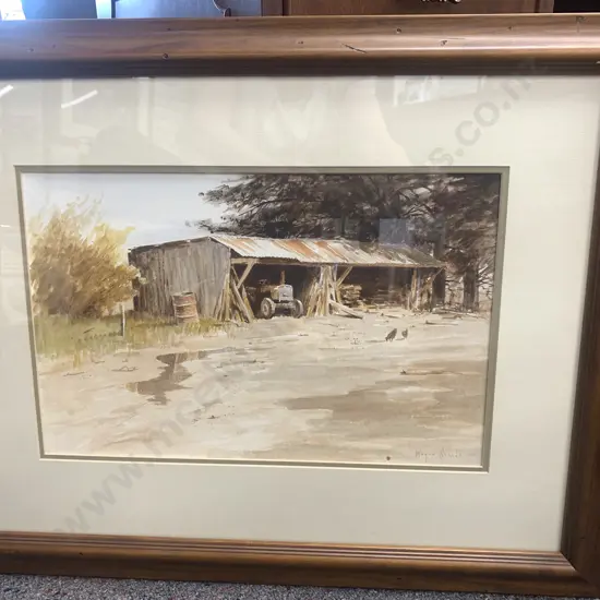 Framed Original Artwork Titled Waikato Farm Shed by Wayne Sinclair, 49 x 62cm