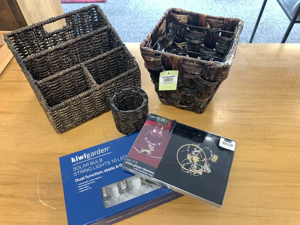 Chocolate Colour Hyacinth Basket, Rattan Utensil Holders, Glass Charms, Solar Bulbs Image 1++