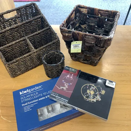 Chocolate Colour Hyacinth Basket, Rattan Utensil Holders, Glass Charms, Solar Bulbs