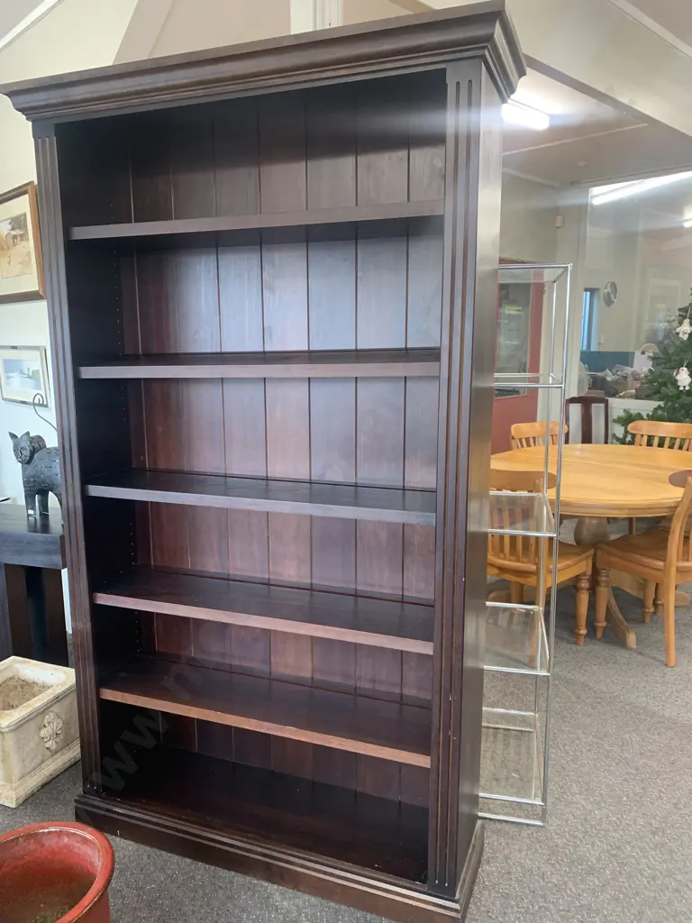 Dark Stain Wooden Bookcase, 4 Adjustable Shelves, Tongue & Groove Back, H200 W120 D35cm Image 1++