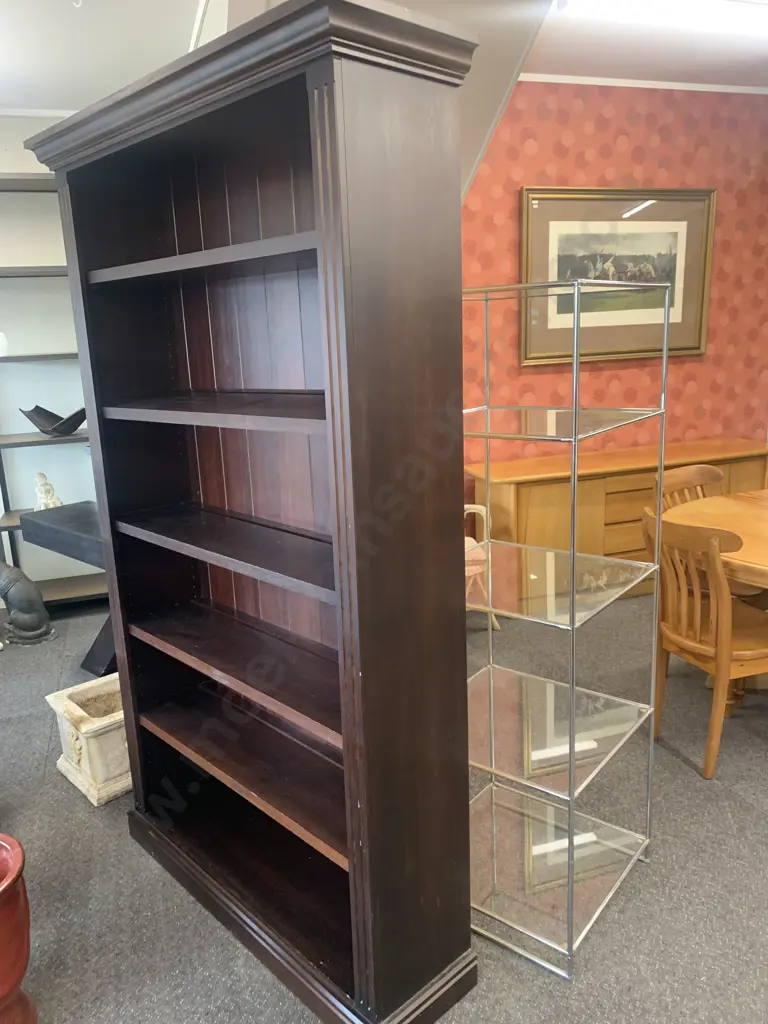 Dark Stain Wooden Bookcase, 4 Adjustable Shelves, Tongue & Groove Back, H200 W120 D35cm Image 1++