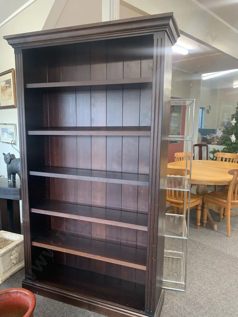 Dark Stain Wooden Bookcase, 4 Adjustable Shelves, Tongue & Groove Back, H200 W120 D35cm Image 1++