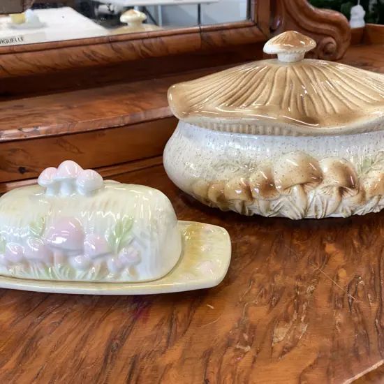 Retro Ceramic Casserole Mushroom Dish & Butter Dish