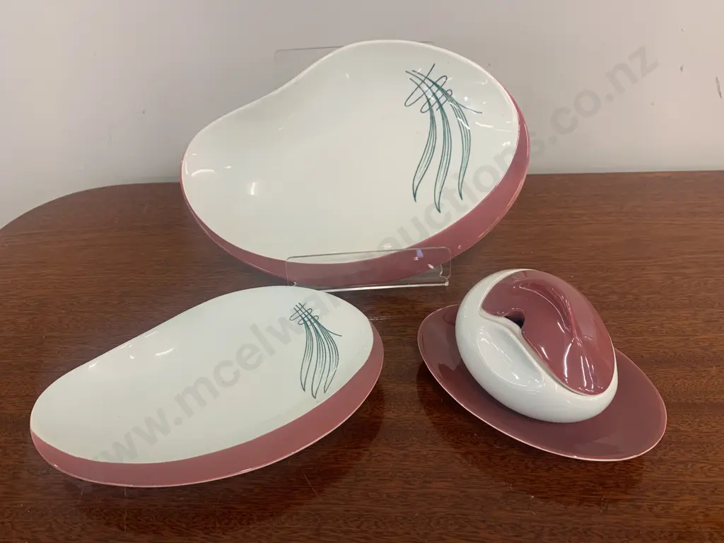 Rare Quirky Art Deco Handpainted Carlton Ware "Wind Swept" Serving Dishes x2 & Condiment Pot With Under Plate Image 1++