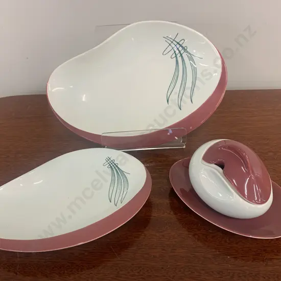 Rare Quirky Art Deco Handpainted Carlton Ware "Wind Swept" Serving Dishes x2 & Condiment Pot With Under Plate