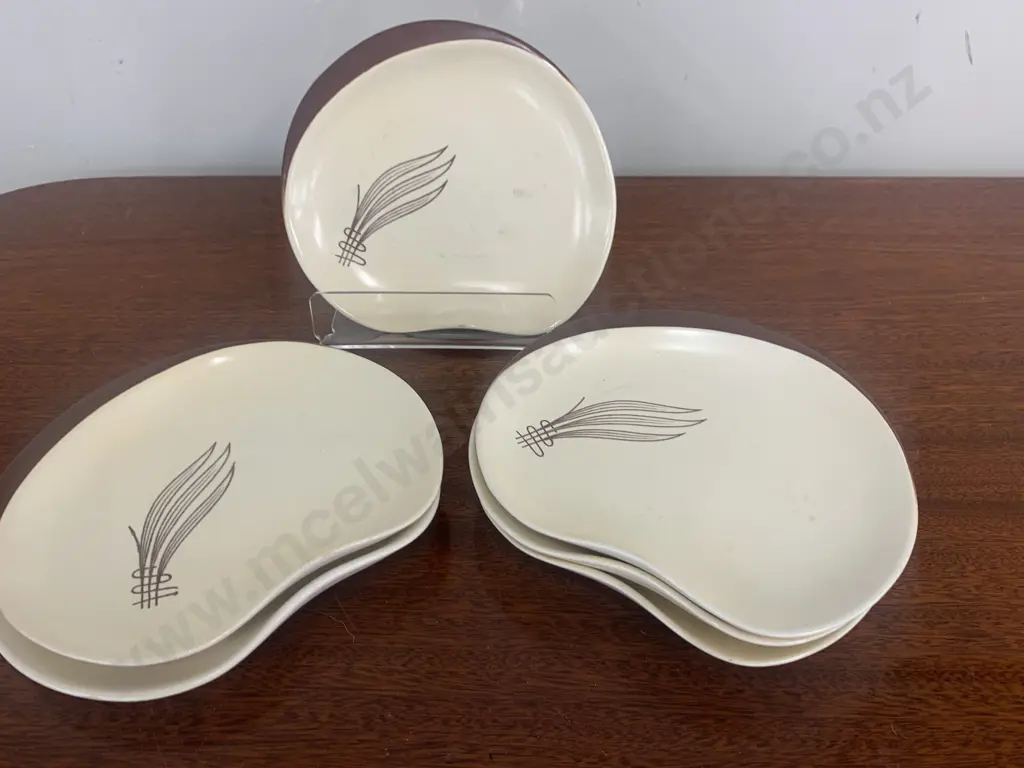 Rare Quirky Art Deco Handpainted Carlton Ware "Wind Swept " Entree Plates x6 Cream / Brown Image 1++