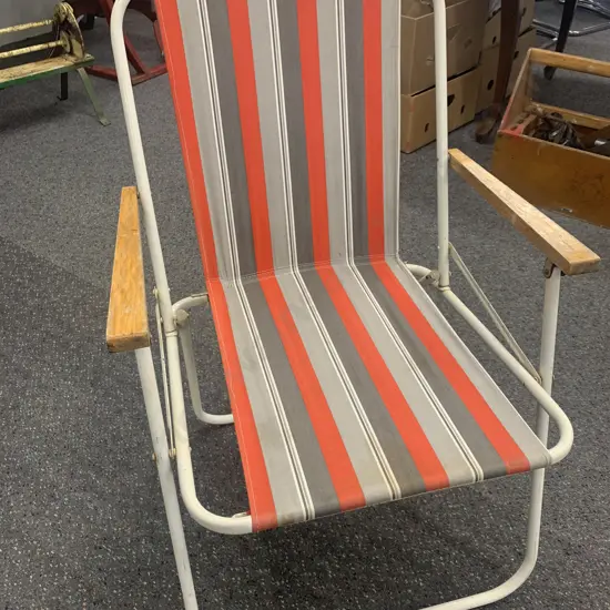 Funky Vintage Fold Up Striped Beach Chair White Frame With Wooden Arms  