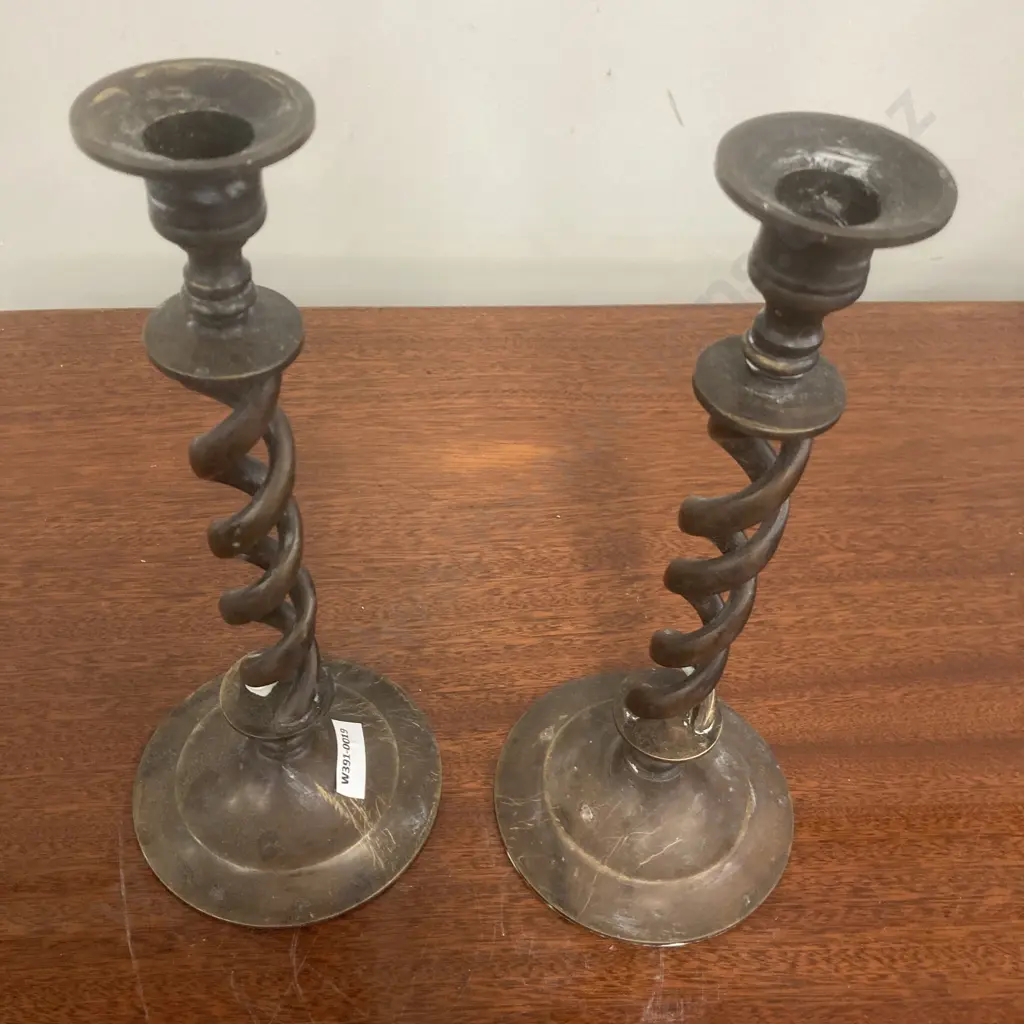 Pair of Vintage Bronze Open Barley Twist Candlesticks, H26.5cm Image 1++