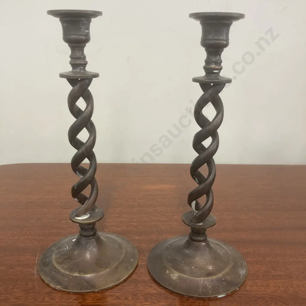 Pair of Vintage Bronze Open Barley Twist Candlesticks, H26.5cm Image 1++
