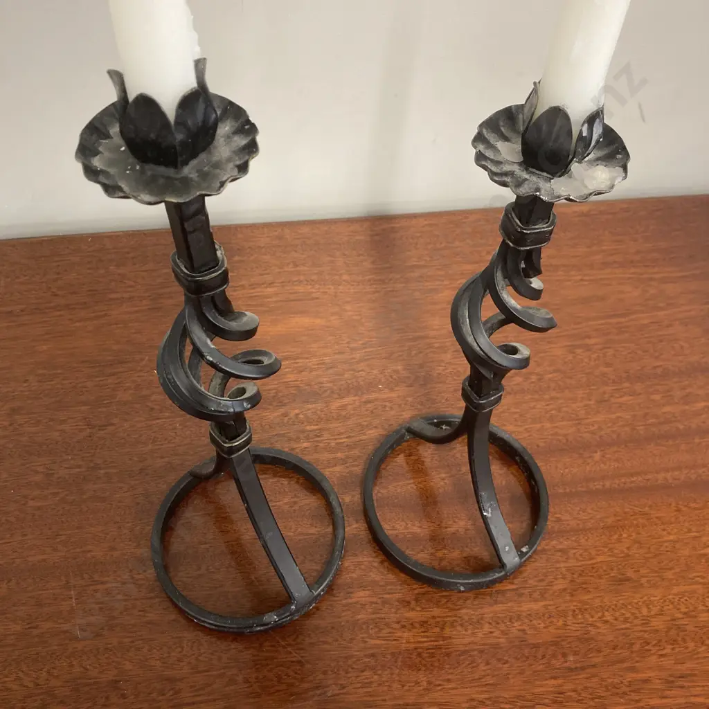 Pair of Black Steel Open Twist Candlesticks With Candles, 35 x 12.5cm & 33 x 12.5cm Image 1++