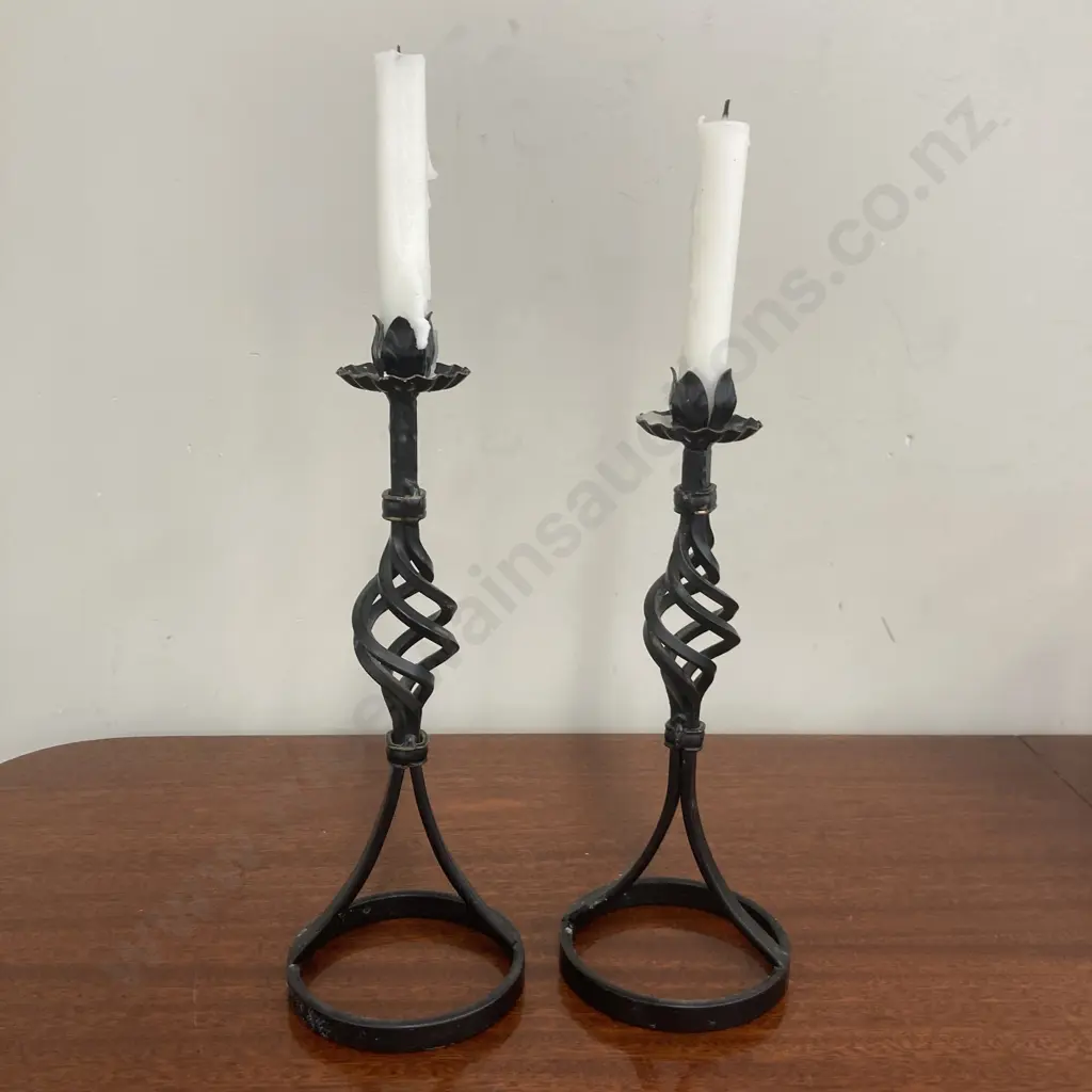 Pair of Black Steel Open Twist Candlesticks With Candles, 35 x 12.5cm & 33 x 12.5cm Image 1++