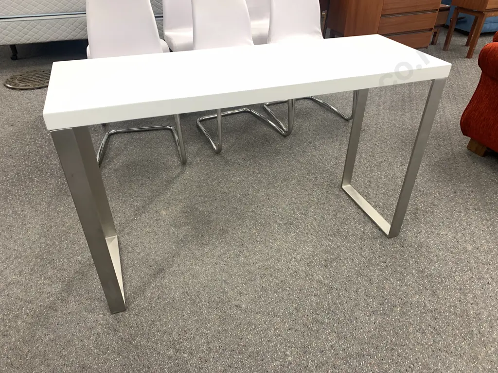 Modernist Hall Table White Top With Brushed Aluminum Frame, H75 W120 D40cm Image 1++