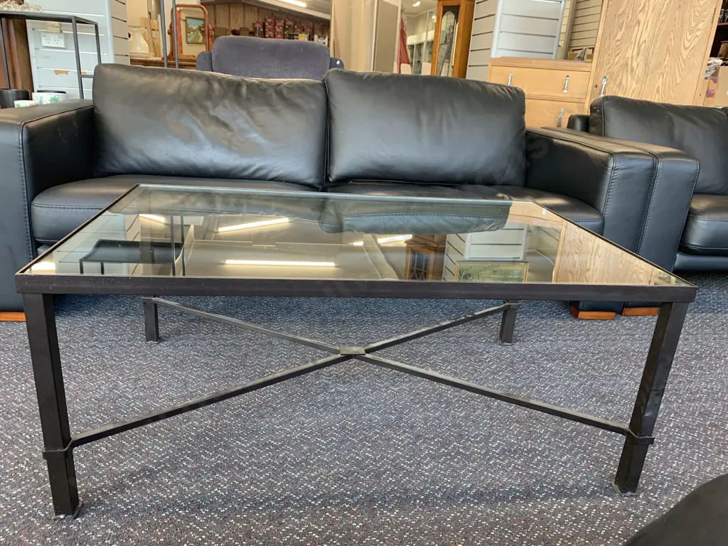 Modern Rectangular Black Steel Frame Glass Coffee Table, H45 L111 D70cm Image 1++