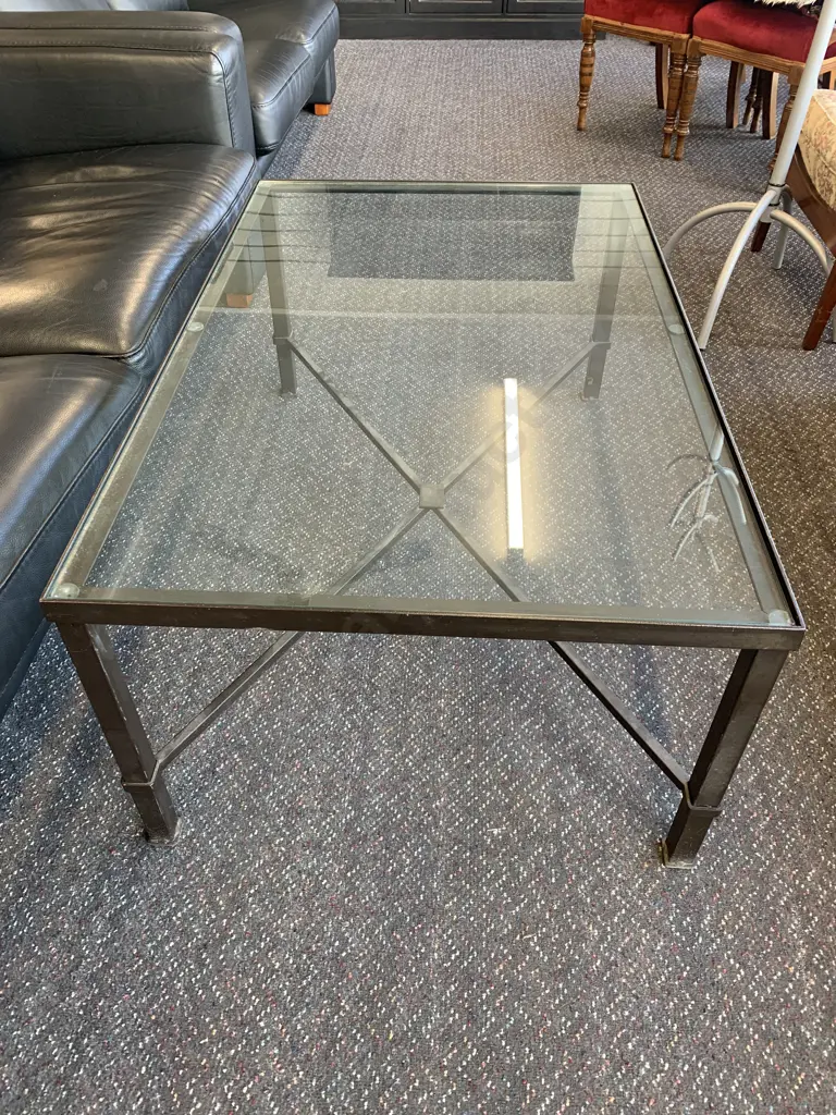 Modern Rectangular Black Steel Frame Glass Coffee Table, H45 L111 D70cm Image 1++