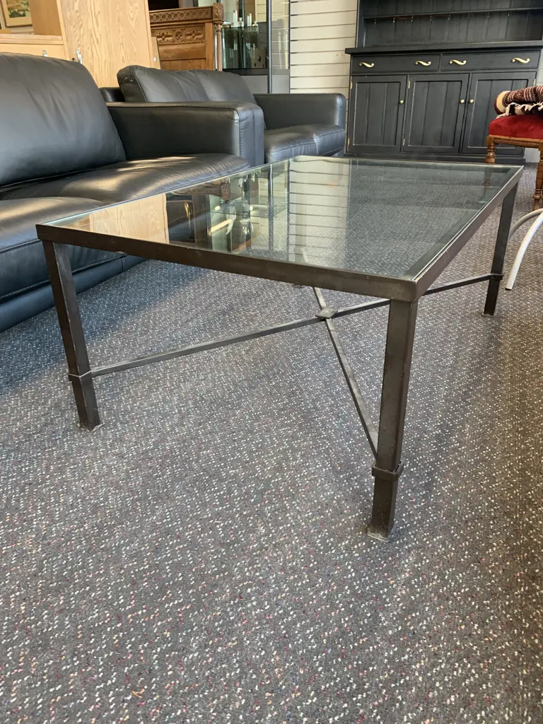 Modern Rectangular Black Steel Frame Glass Coffee Table, H45 L111 D70cm Image 1++