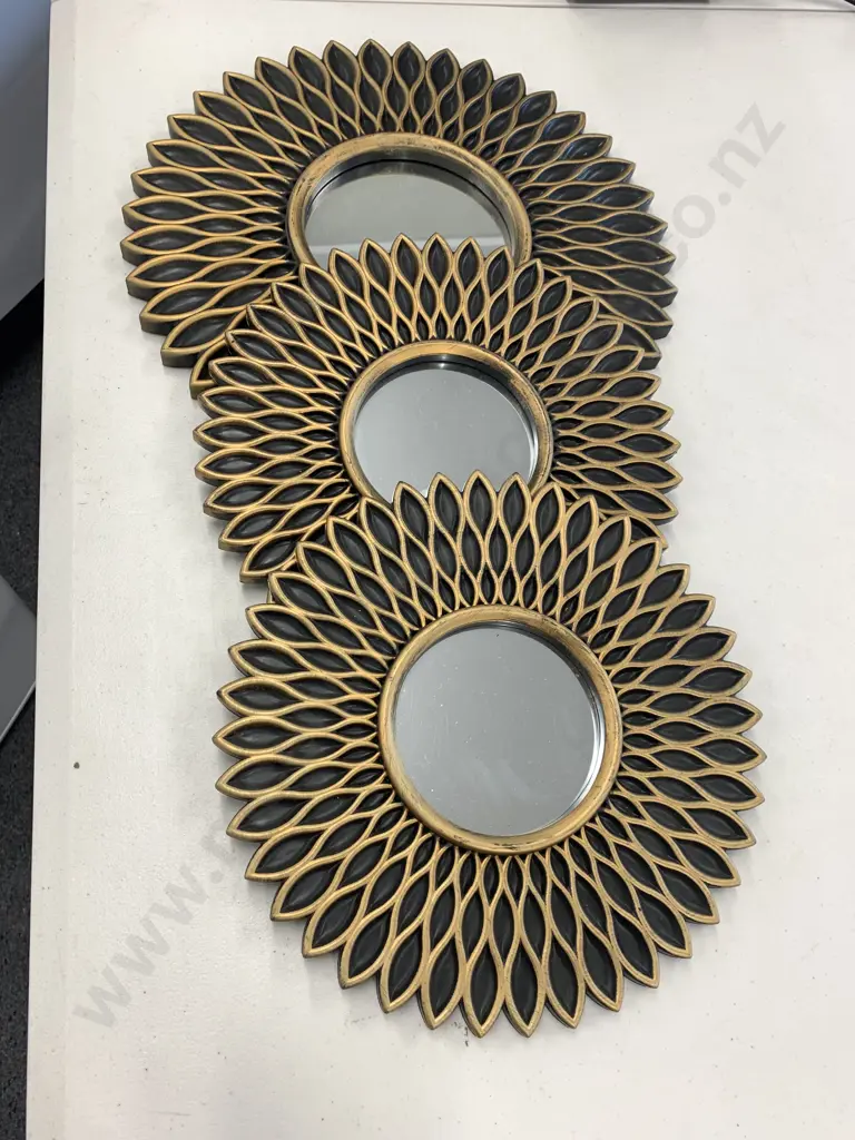 Set of 3 Decorative Round Black / Gold detail Wall Mirrors, 1 x 38cm 2 x 30cm Image 1++