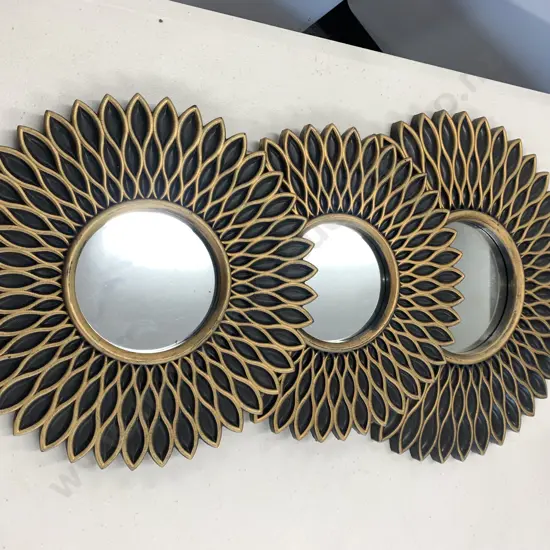 Set of 3 Decorative Round Black / Gold detail Wall Mirrors, 1 x 38cm 2 x 30cm