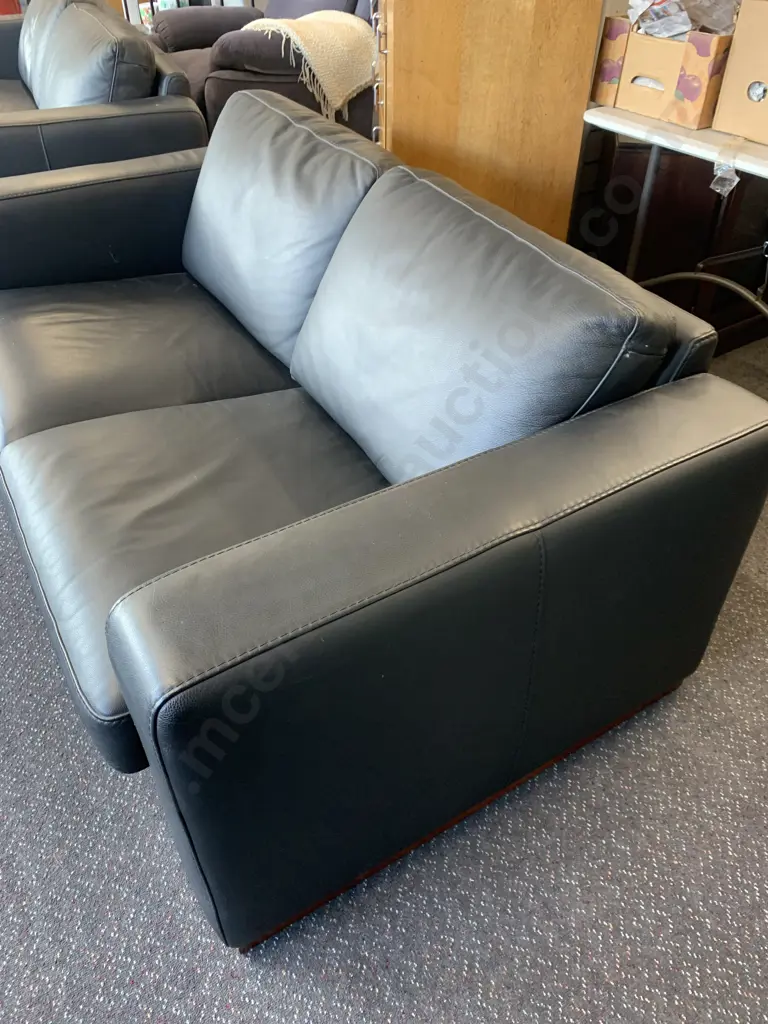 Modern Black Leather 2 Seater Sofa, Square Wooden Feet Image 1++