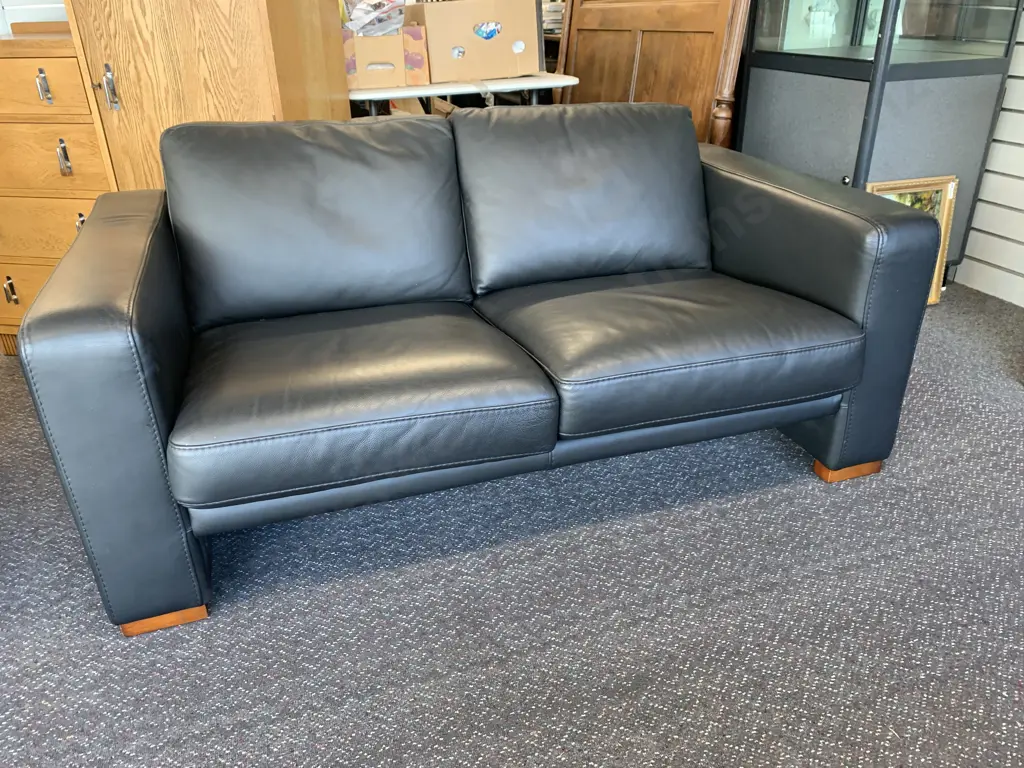 Modern Black Leather 2 Seater Sofa, Square Wooden Feet Image 1++