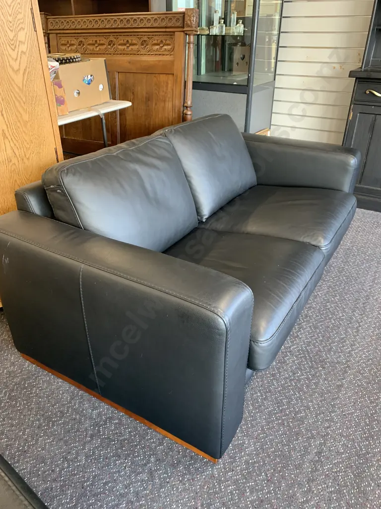 Modern Black Leather 2 Seater Sofa, Square Wooden Feet Image 1++