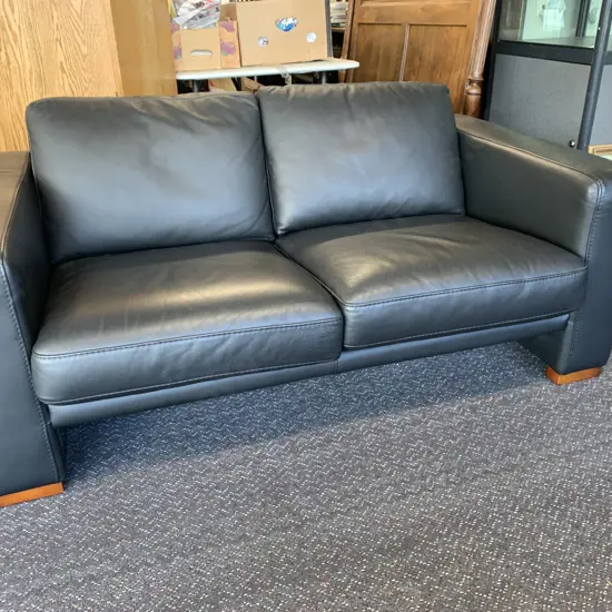 Modern Black Leather 2 Seater Sofa, Square Wooden Feet