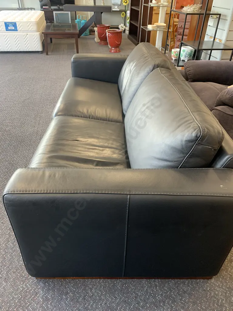 Modern Black Leather 3 Seater Sofa, Square Wooden Feet Image 1++