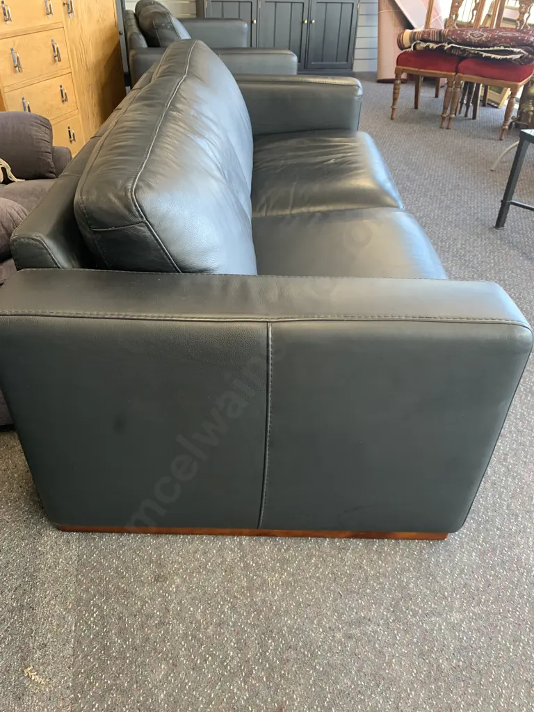 Modern Black Leather 3 Seater Sofa, Square Wooden Feet Image 1++