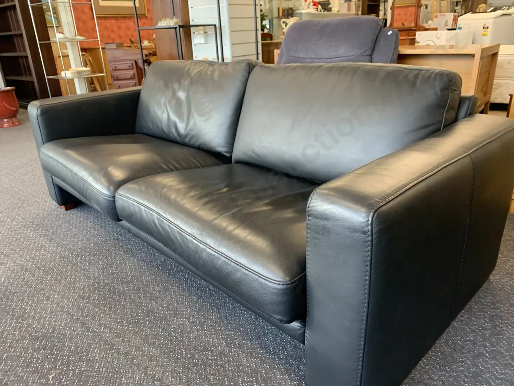 Modern Black Leather 3 Seater Sofa, Square Wooden Feet Image 1++