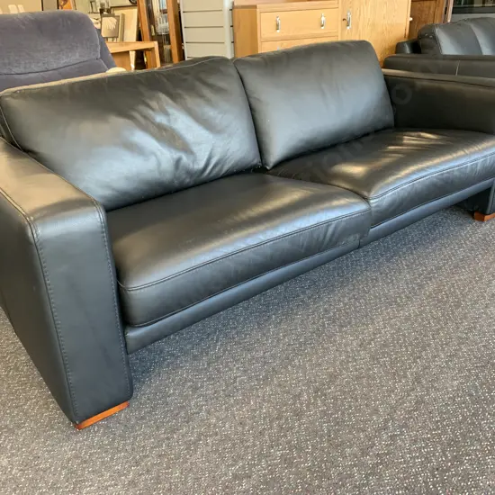 Modern Black Leather 3 Seater Sofa, Square Wooden Feet