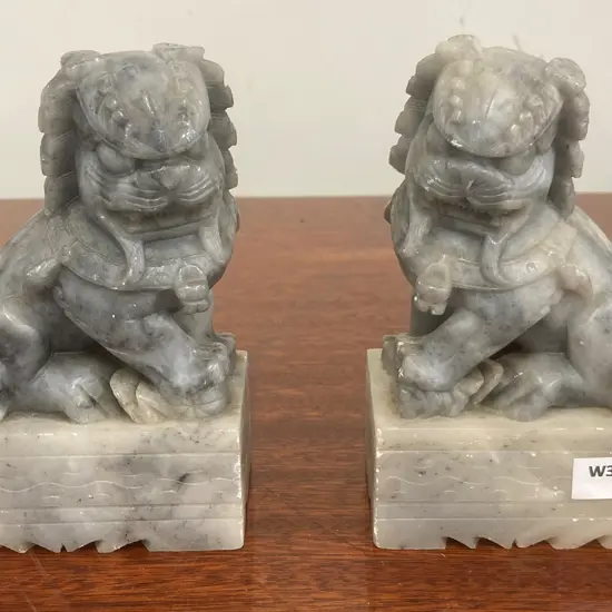 Pair of Vintage Chinese Soap Stone Lion Foo Dog Figurines, H13 W8.5 D5.5cm
