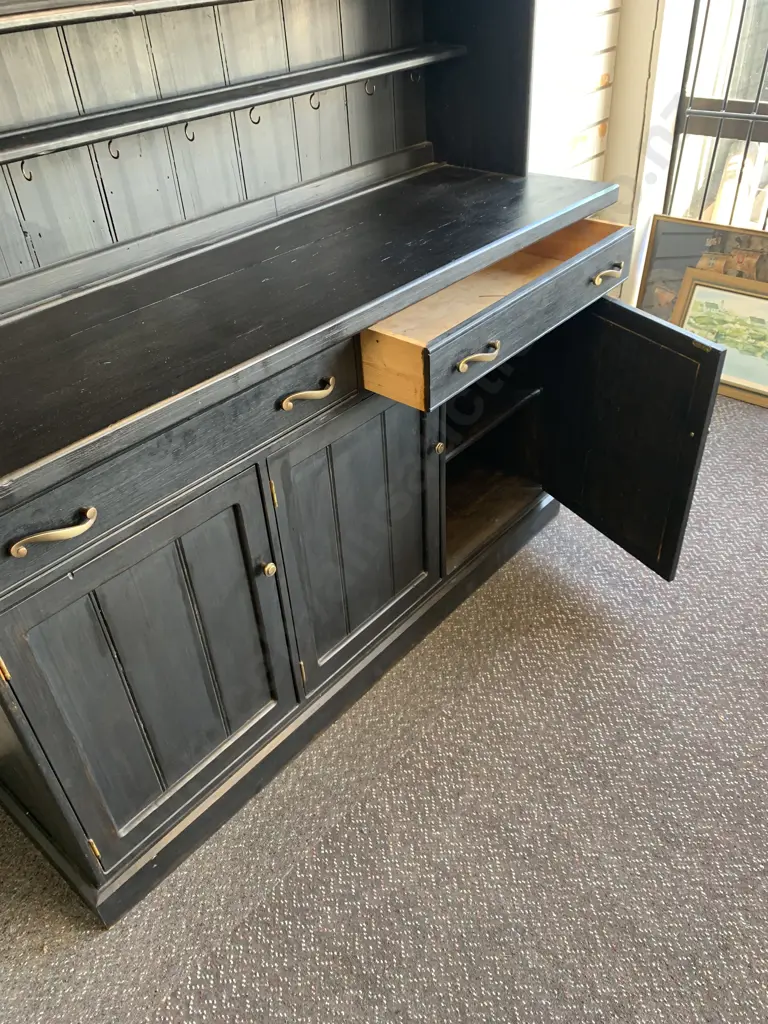 Black Kitchen Wall / China Display Unit With Brass Detail & Cup Hooks, 3 Door, 2 Drawer, 2 Piece, H225 W152 D51cm Image 1++