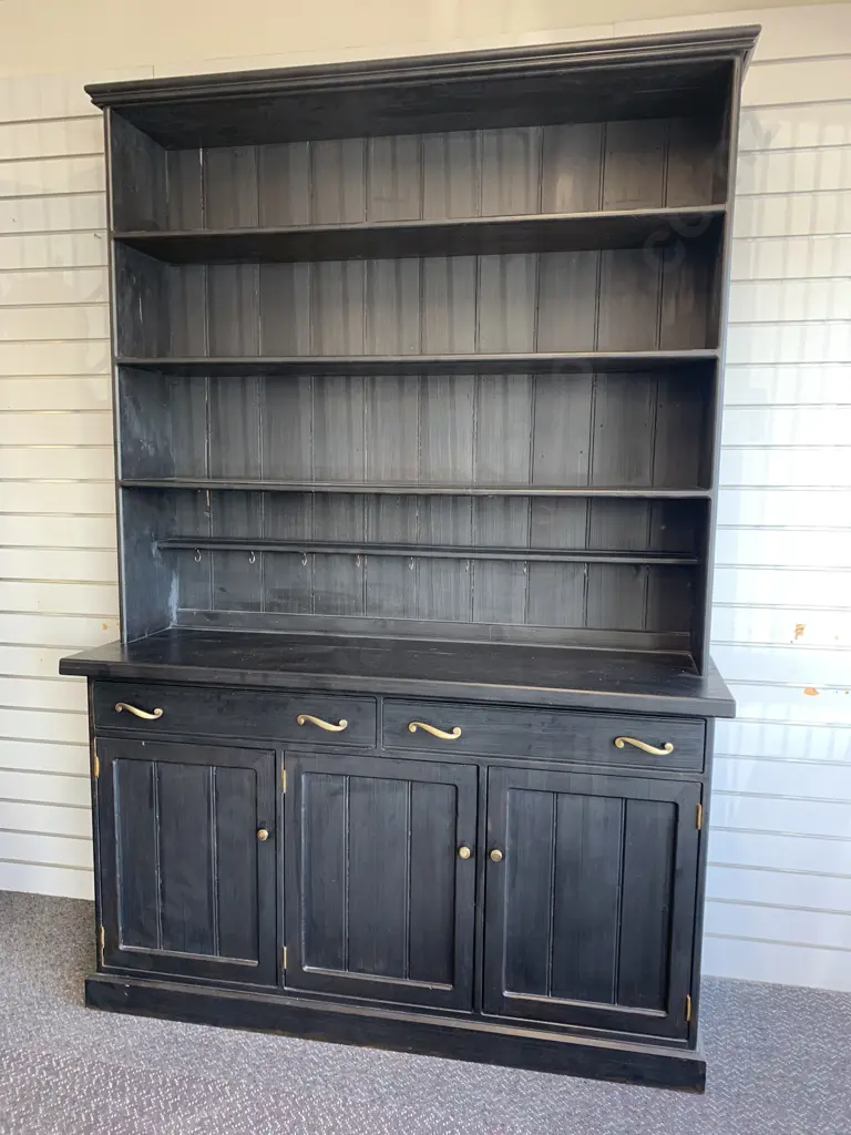Black Kitchen Wall / China Display Unit With Brass Detail & Cup Hooks, 3 Door, 2 Drawer, 2 Piece, H225 W152 D51cm Image 1++