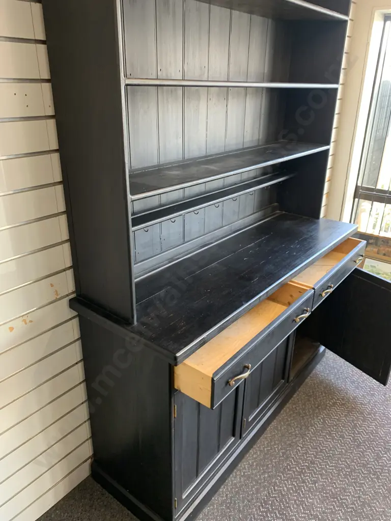 Black Kitchen Wall / China Display Unit With Brass Detail & Cup Hooks, 3 Door, 2 Drawer, 2 Piece, H225 W152 D51cm Image 1++